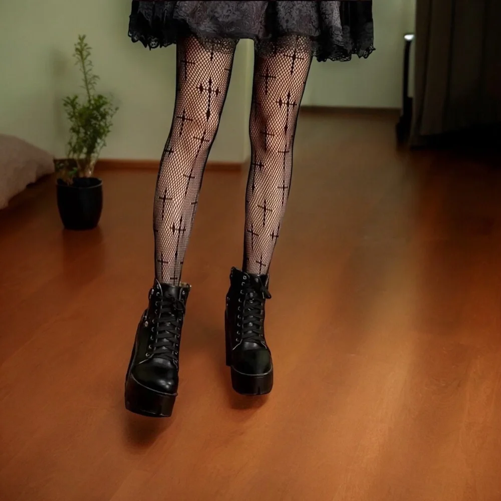 Cross Pattern Fishnet Tights, Hollow Out High‎ Waist Mesh Pantyhose One Size